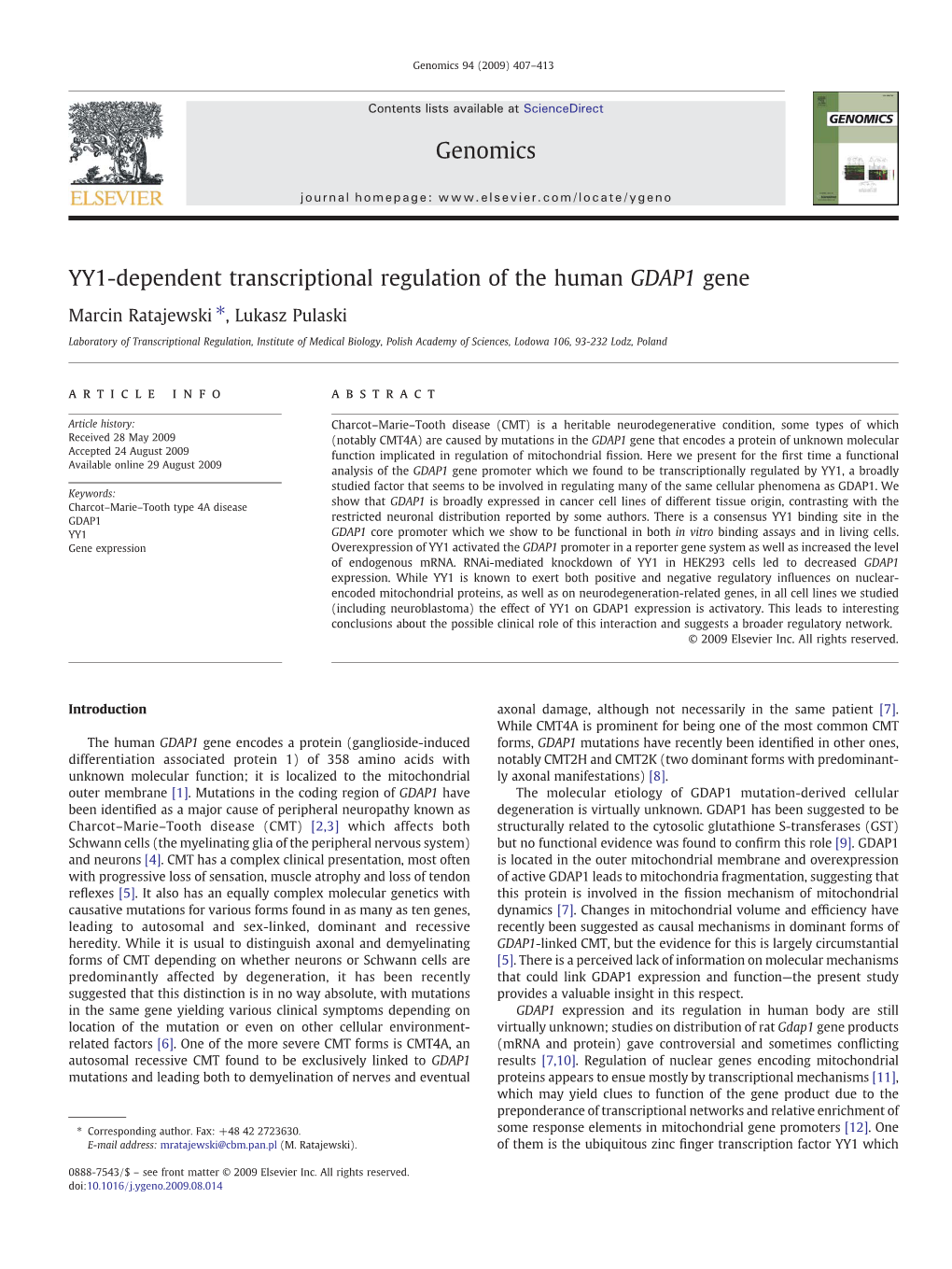 YY1-Dependent Transcriptional Regulation of the Human GDAP1 Gene