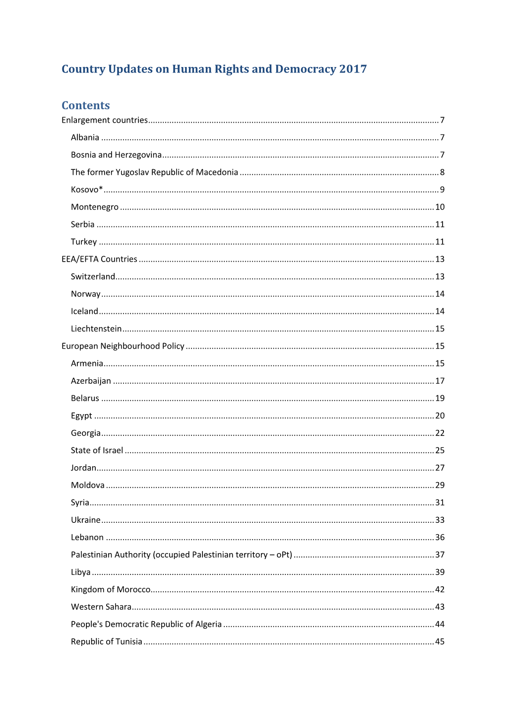 Country Updates on Human Rights and Democracy 2017 Contents