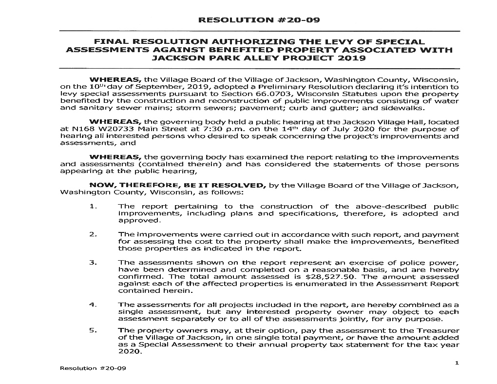 Resolution #20-09 Final Resolution Authorizing The