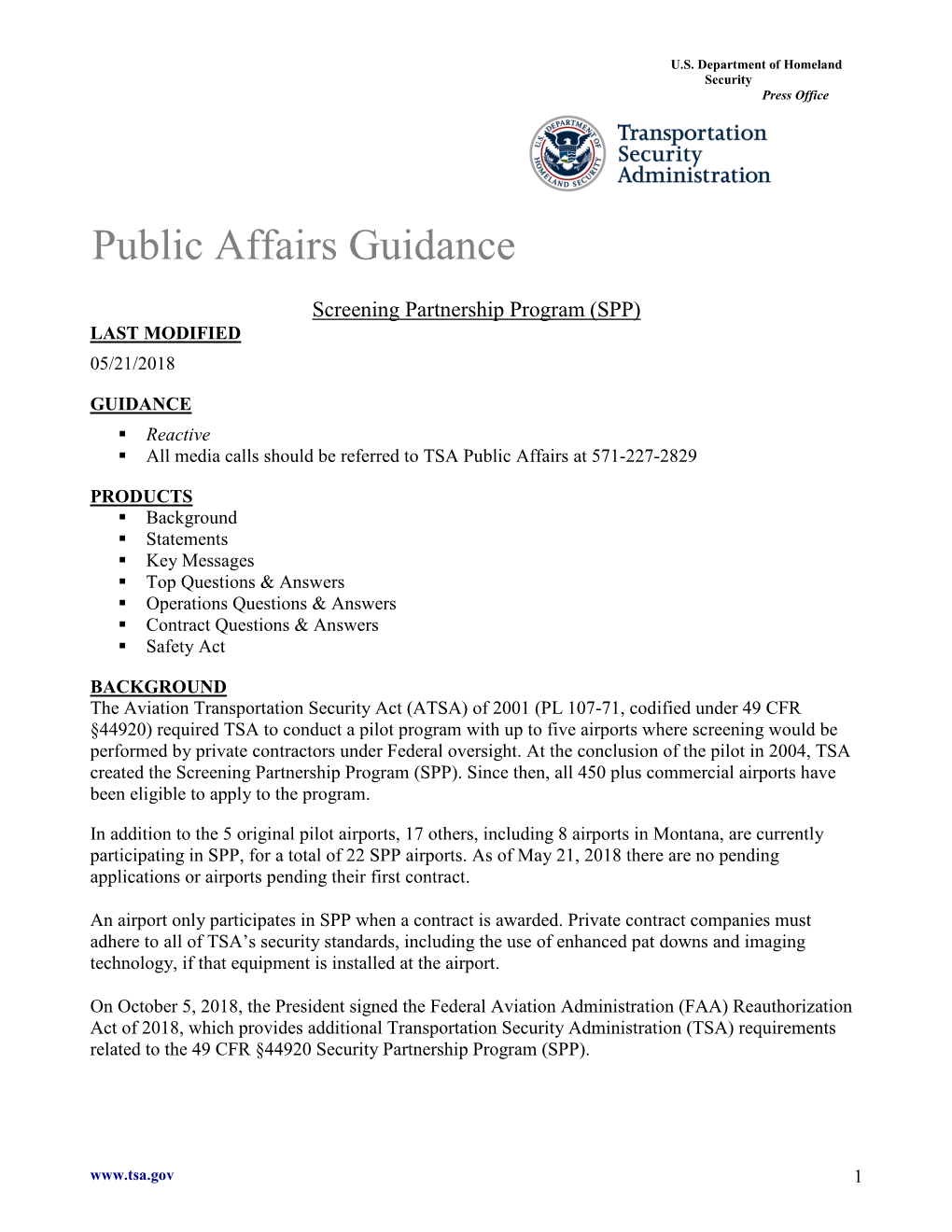 Screening Partnership Program Public Affairs Guidance