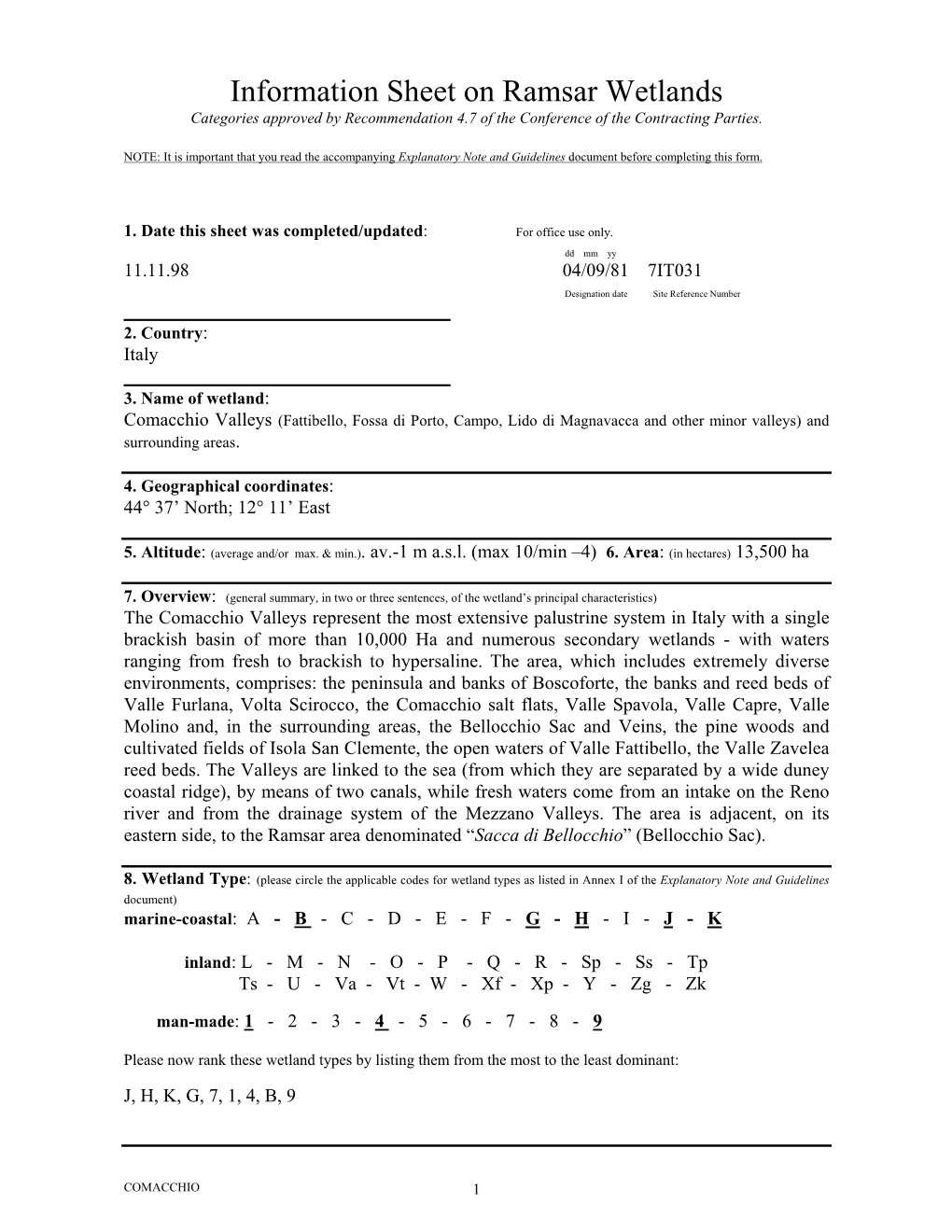 Information Sheet on Ramsar Wetlands Categories Approved by Recommendation 4.7 of the Conference of the Contracting Parties