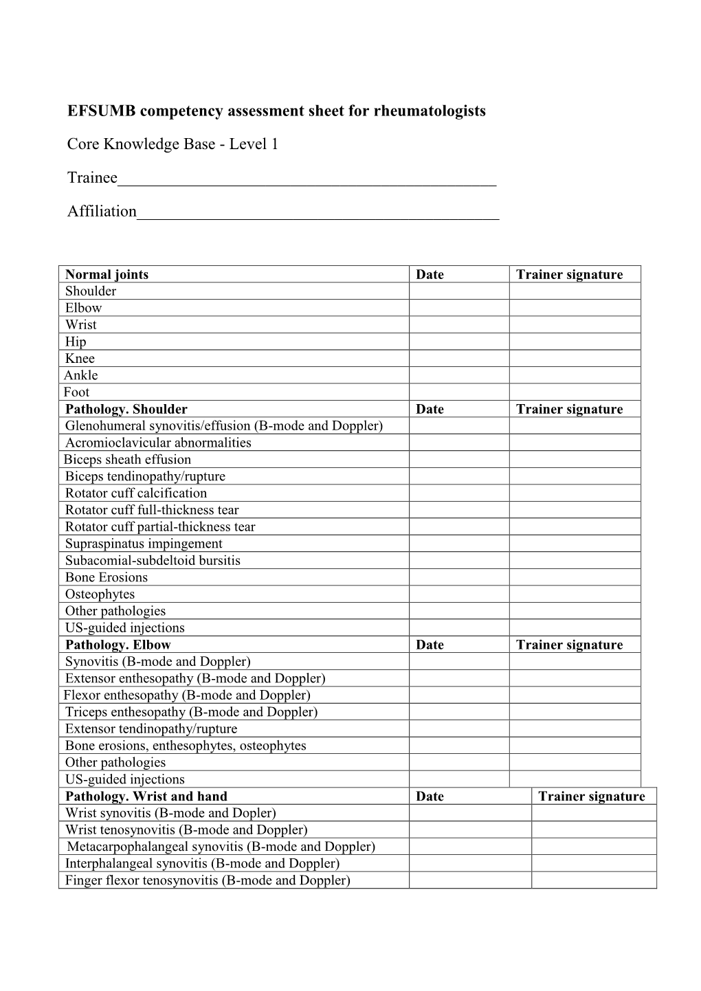 Level 1 EFSUMB Competency Assessment Sheet For