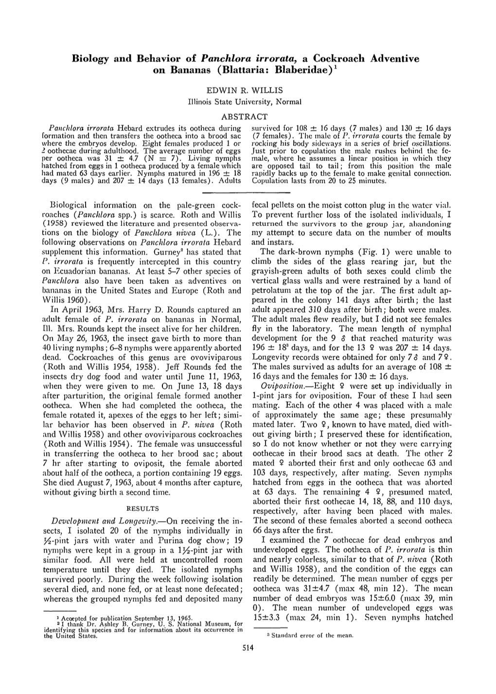 Biology and Behavior of Panchlora Irrorata, a Cockroach Adventive on Bananas (Blattaria: Blaberidae)1
