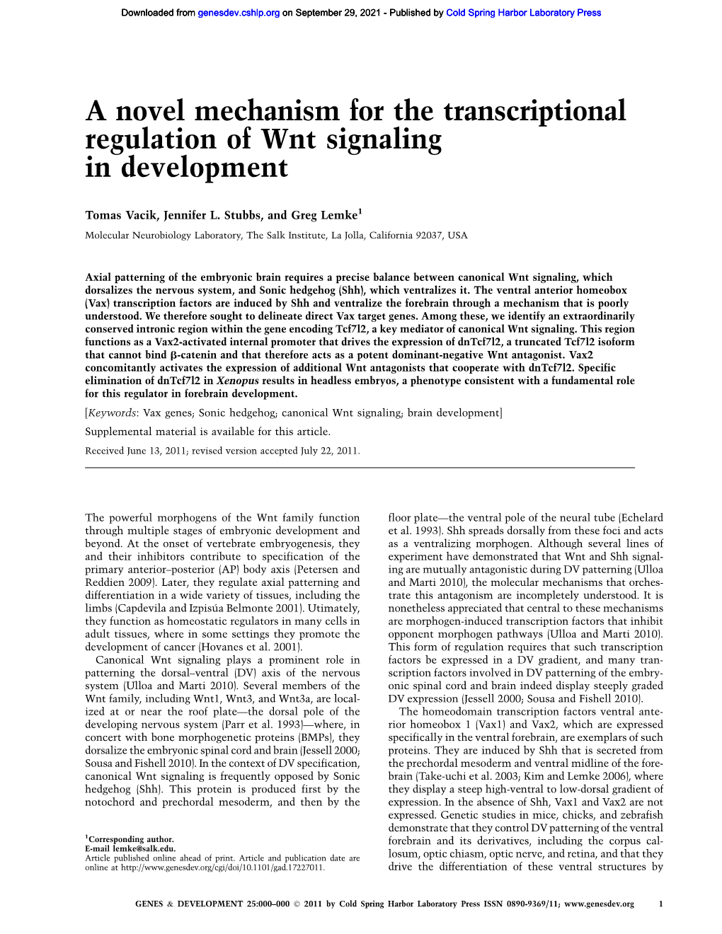 A Novel Mechanism for the Transcriptional Regulation of Wnt Signaling in Development