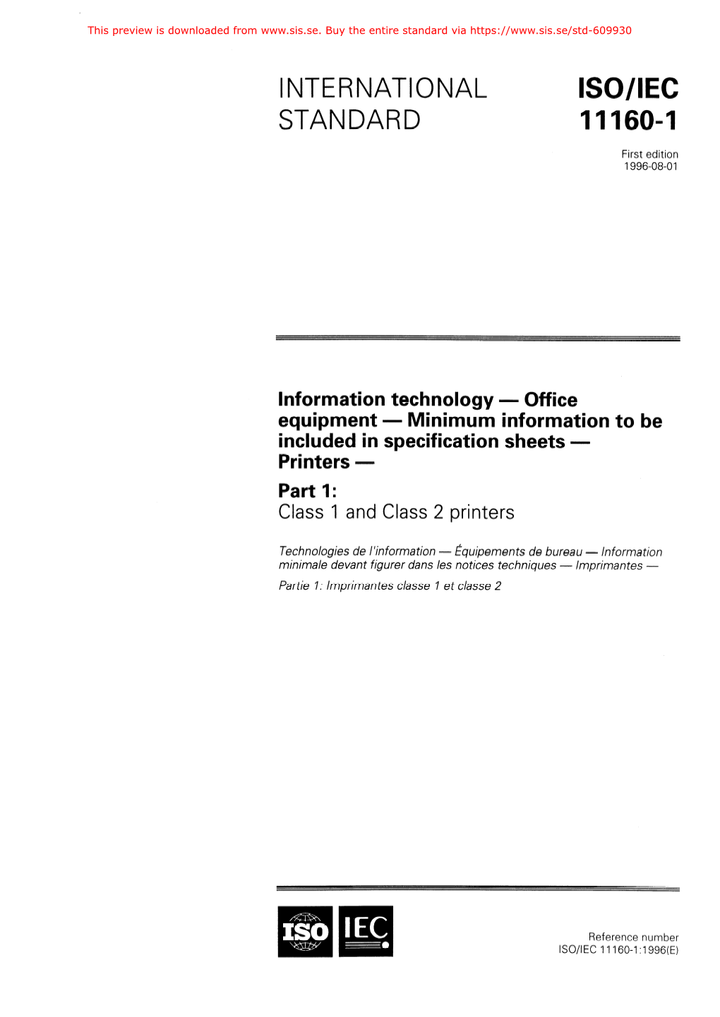 ISO/IEC 11160-1, Was Prepared by Joint Technical Committee ISO/IEC JTCI , Mormation Technology, Subcommittee SC28, Office Equipment