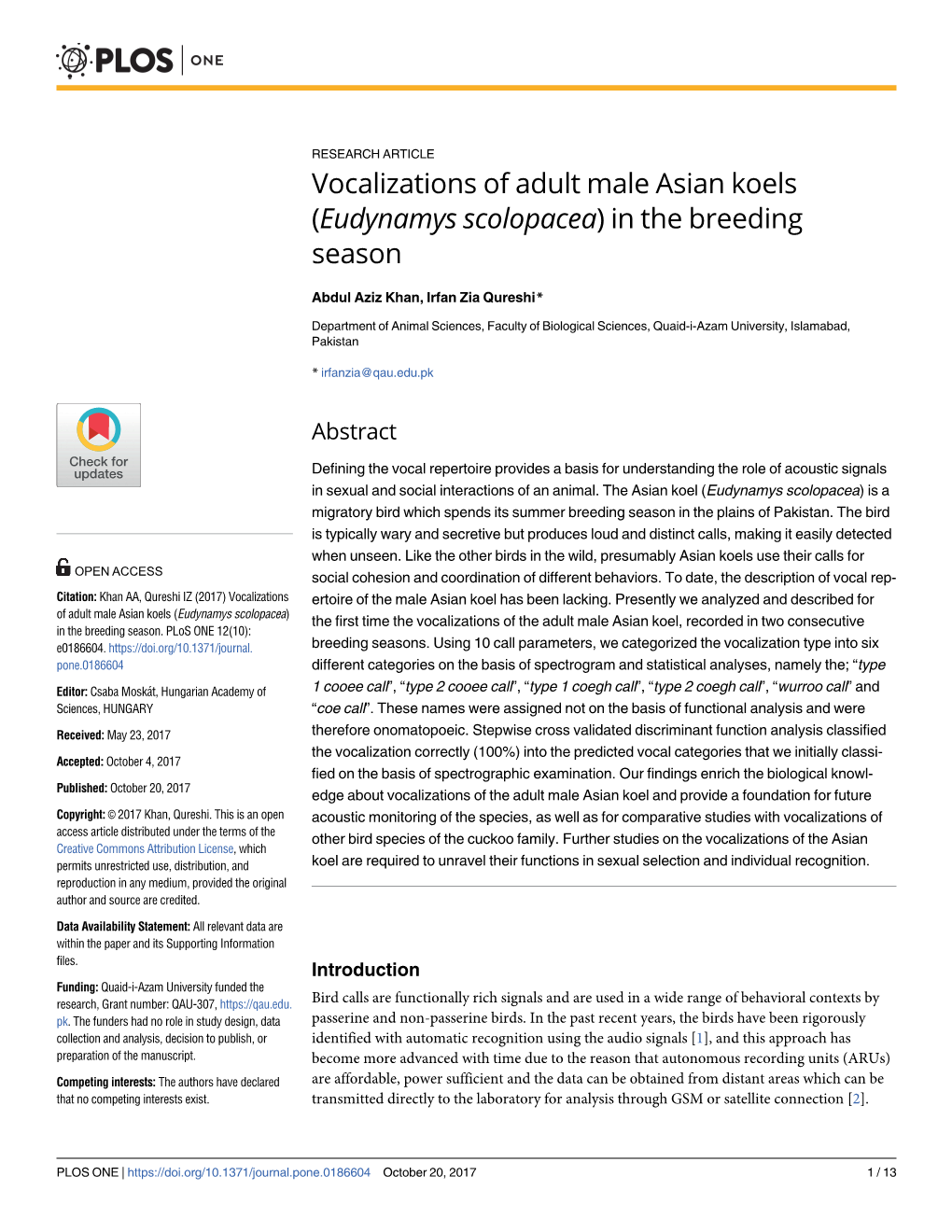 Vocalizations of Adult Male Asian Koels (Eudynamys Scolopacea) in the Breeding Season