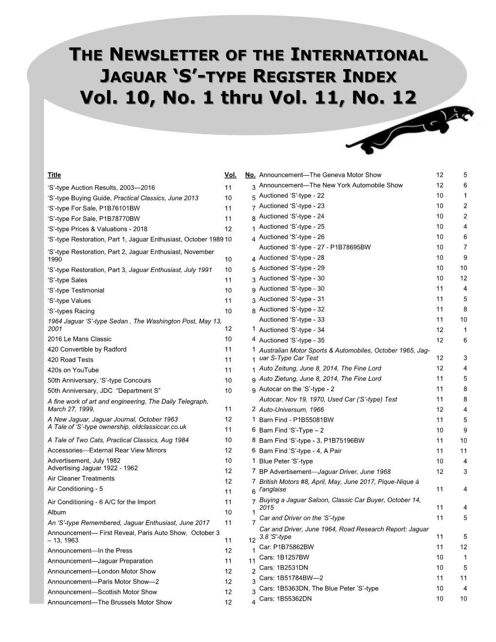 JAGUAR 'S'-TYPE REGISTER INDEX Vol. 10, No. 1 Thru Vol. 11, No