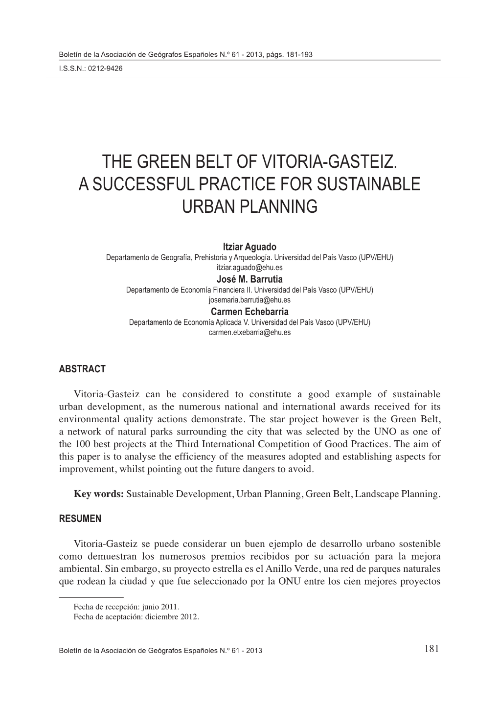 The Green Belt of Vitoria-Gasteiz. a Successful Practice for Sustainable Urban Planning
