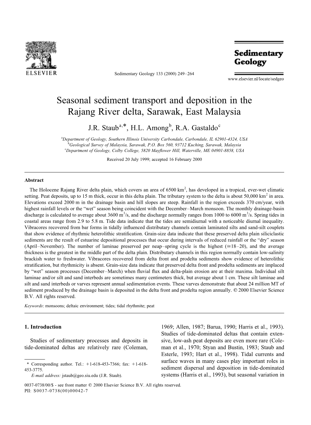 Seasonal Sediment Transport and Deposition in the Rajang River Delta, Sarawak, East Malaysia