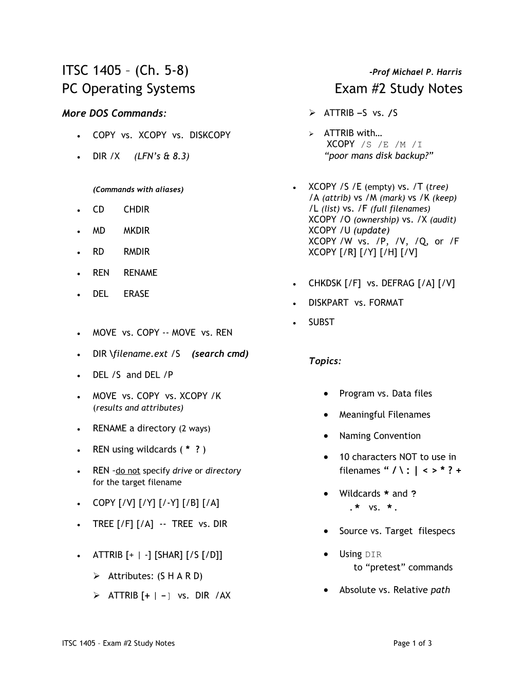 ITSC 1405 Exam #2 Study Notes Page 1 of 2