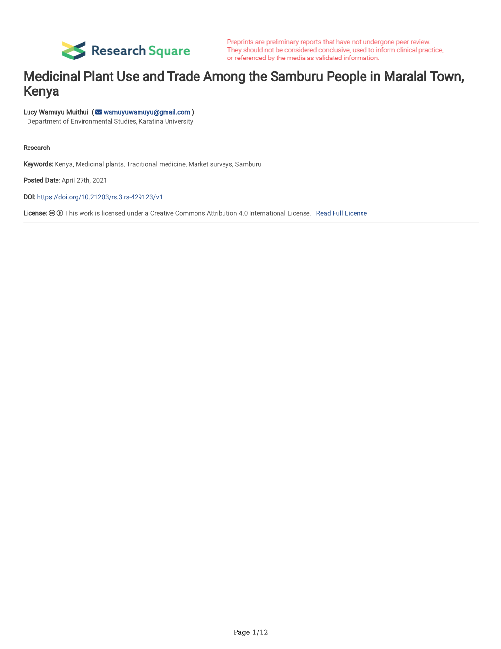 Medicinal Plant Use and Trade Among the Samburu People in Maralal Town, Kenya