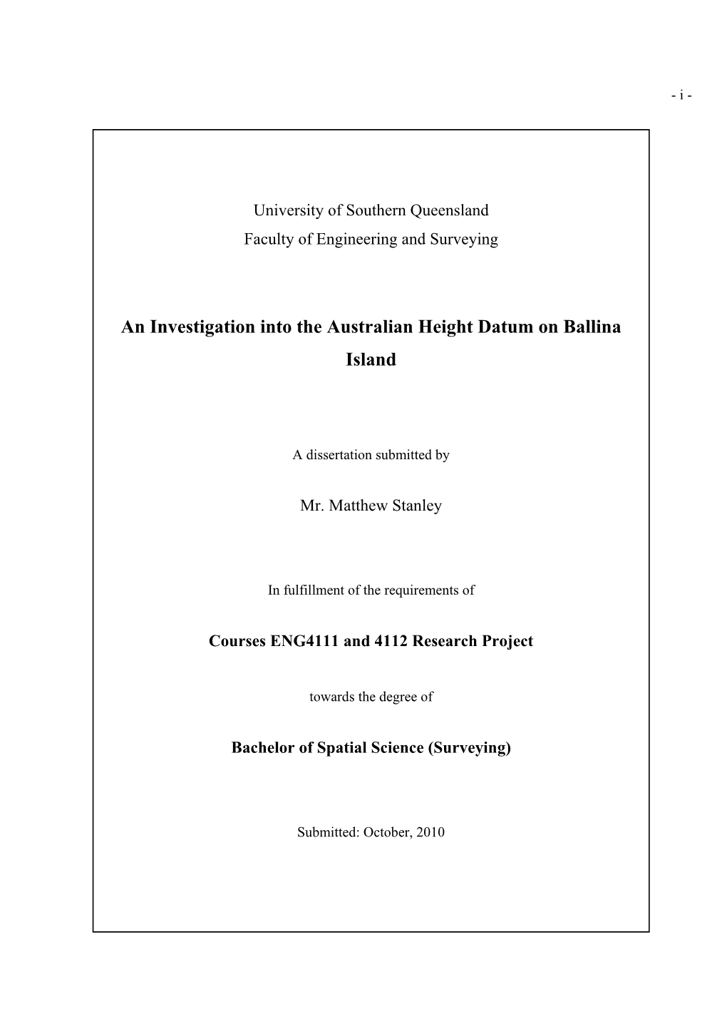 An Investigation Into the Australian Height Datum on Ballina Island