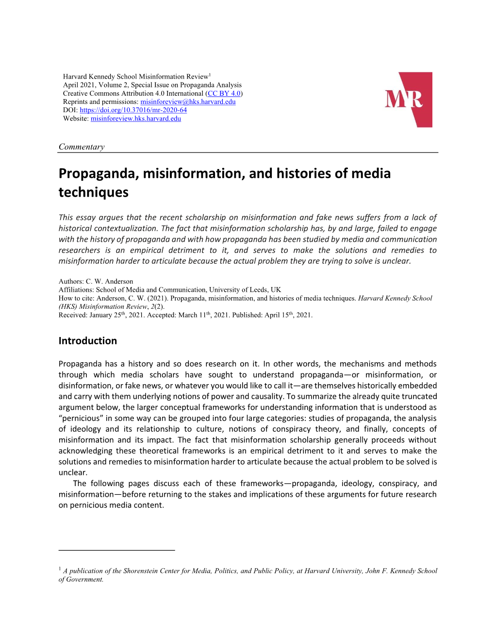 Propaganda, Misinformation, and Histories of Media Techniques