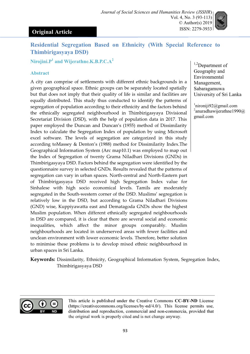 Original Article Residential Segregation Based on Ethnicity