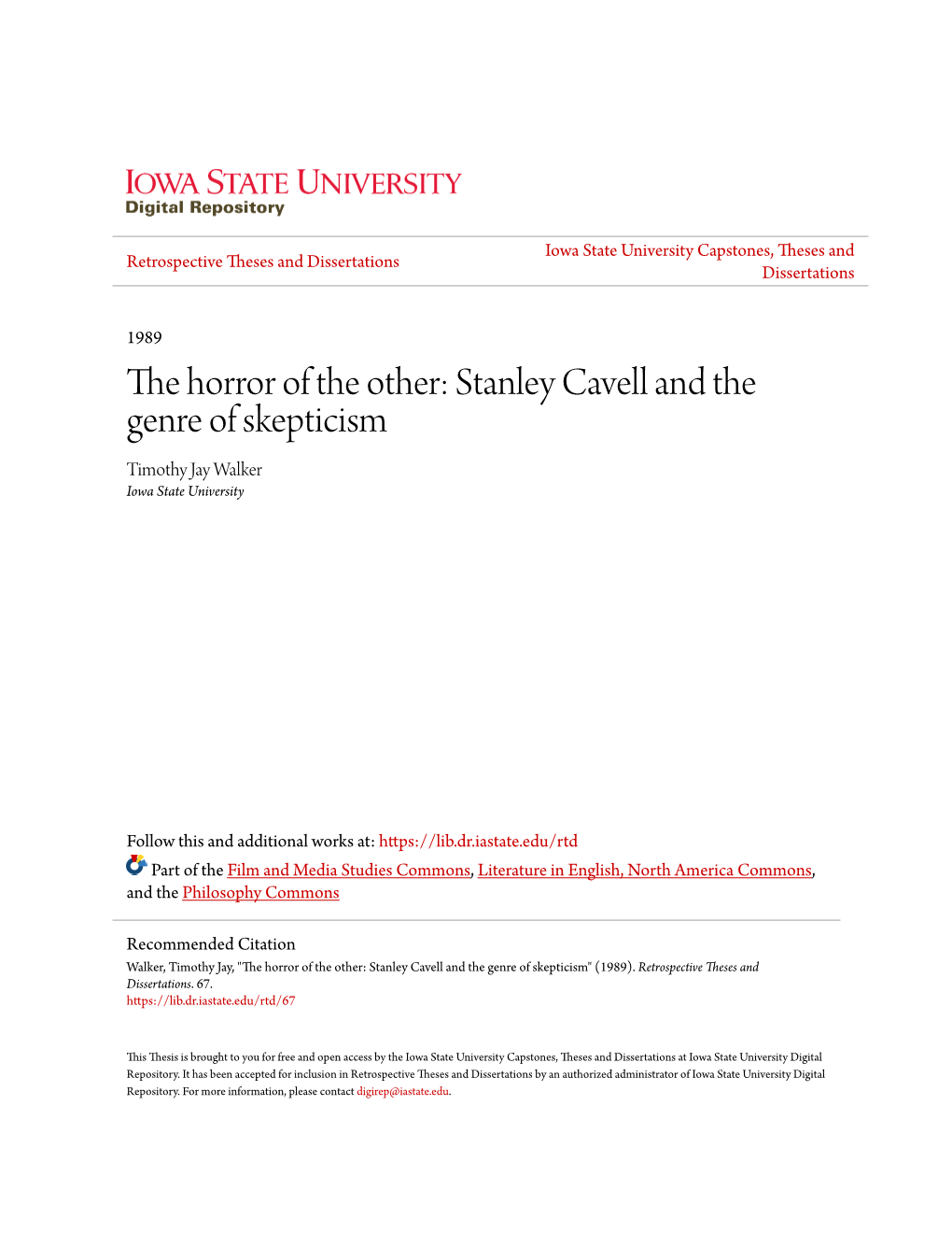 Stanley Cavell and the Genre of Skepticism Timothy Jay Walker Iowa State University