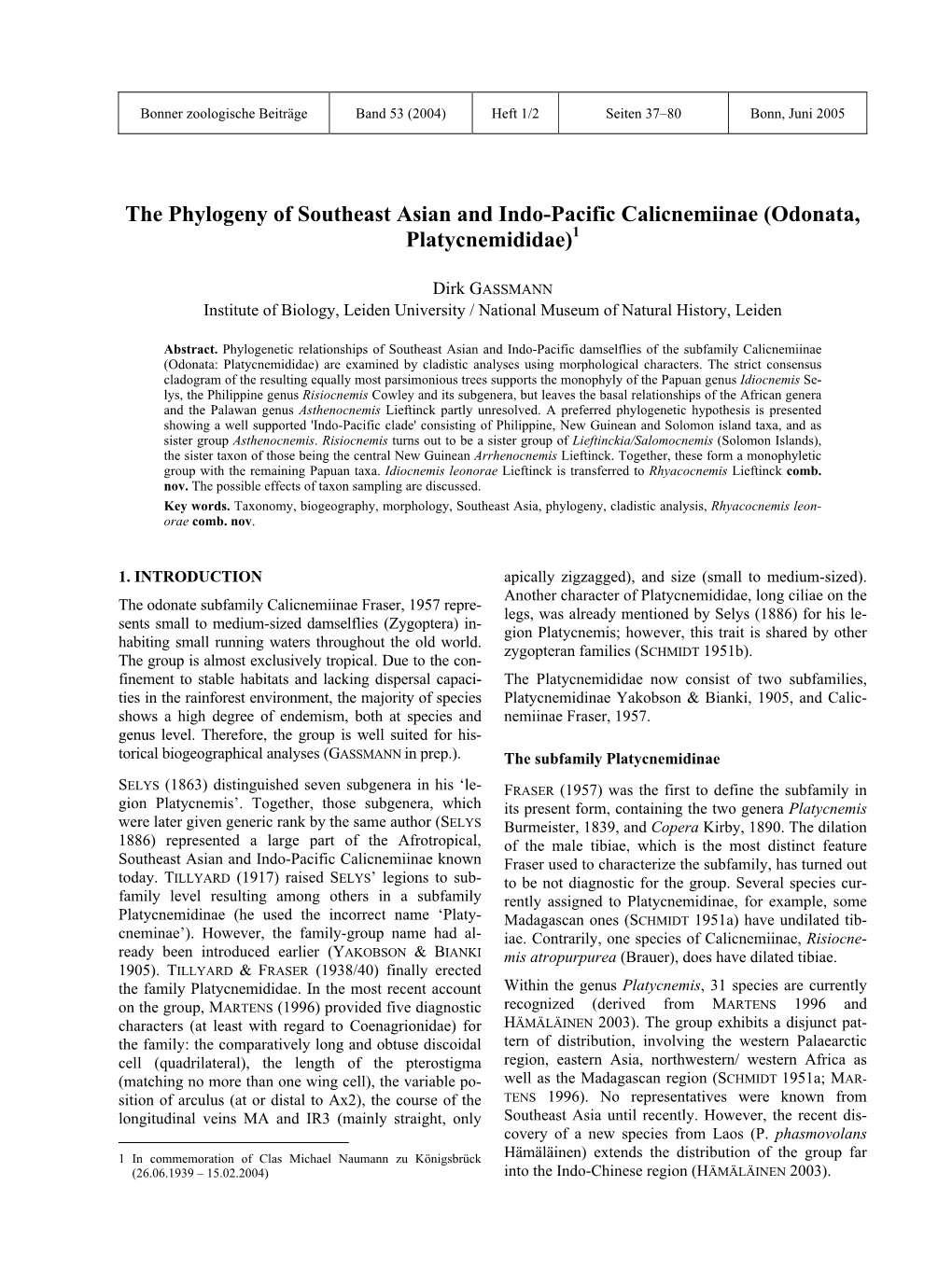 The Phylogeny of Southeast Asian and Indo-Pacific Calicnemiinae (Odonata, Platycnemididae)1