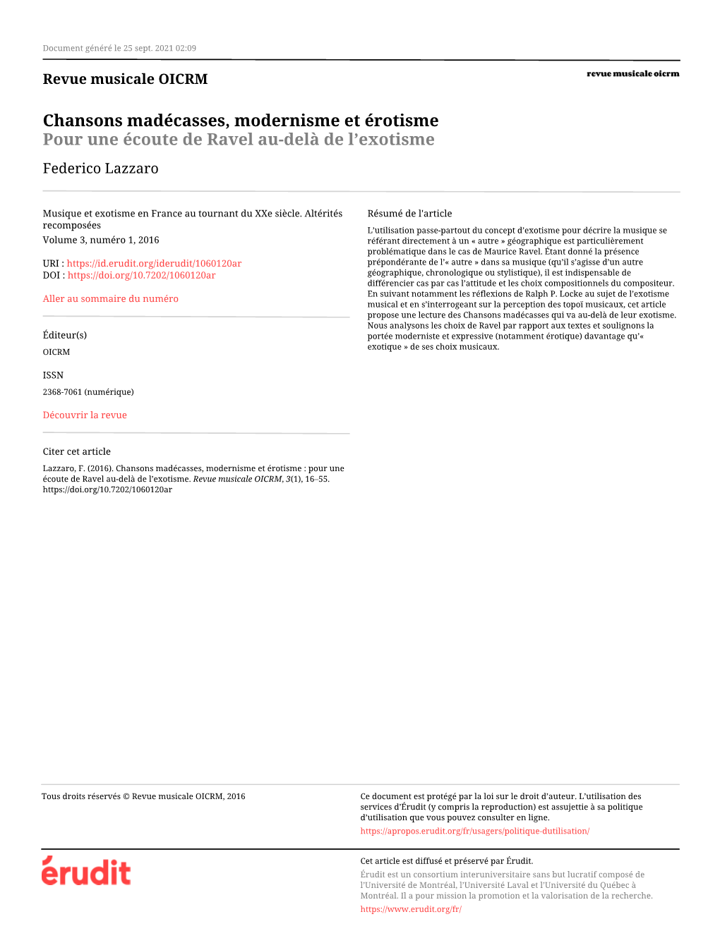 Chansons Madécasses, Modernisme Et Érotisme Pour Une Écoute De Ravel Au-Delà De L’Exotisme Federico Lazzaro