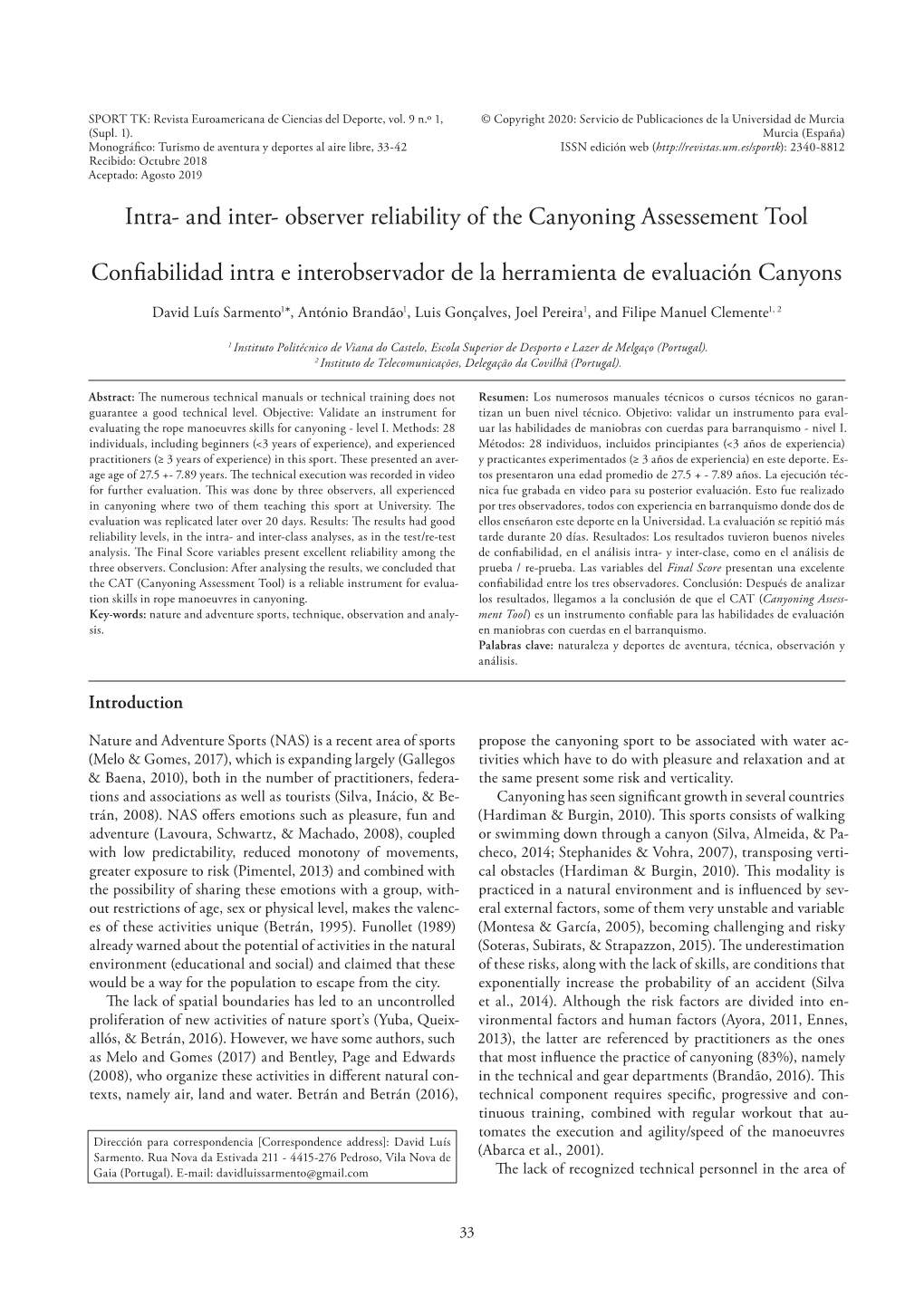 Intra- and Inter- Observer Reliability of the Canyoning Assessement Tool