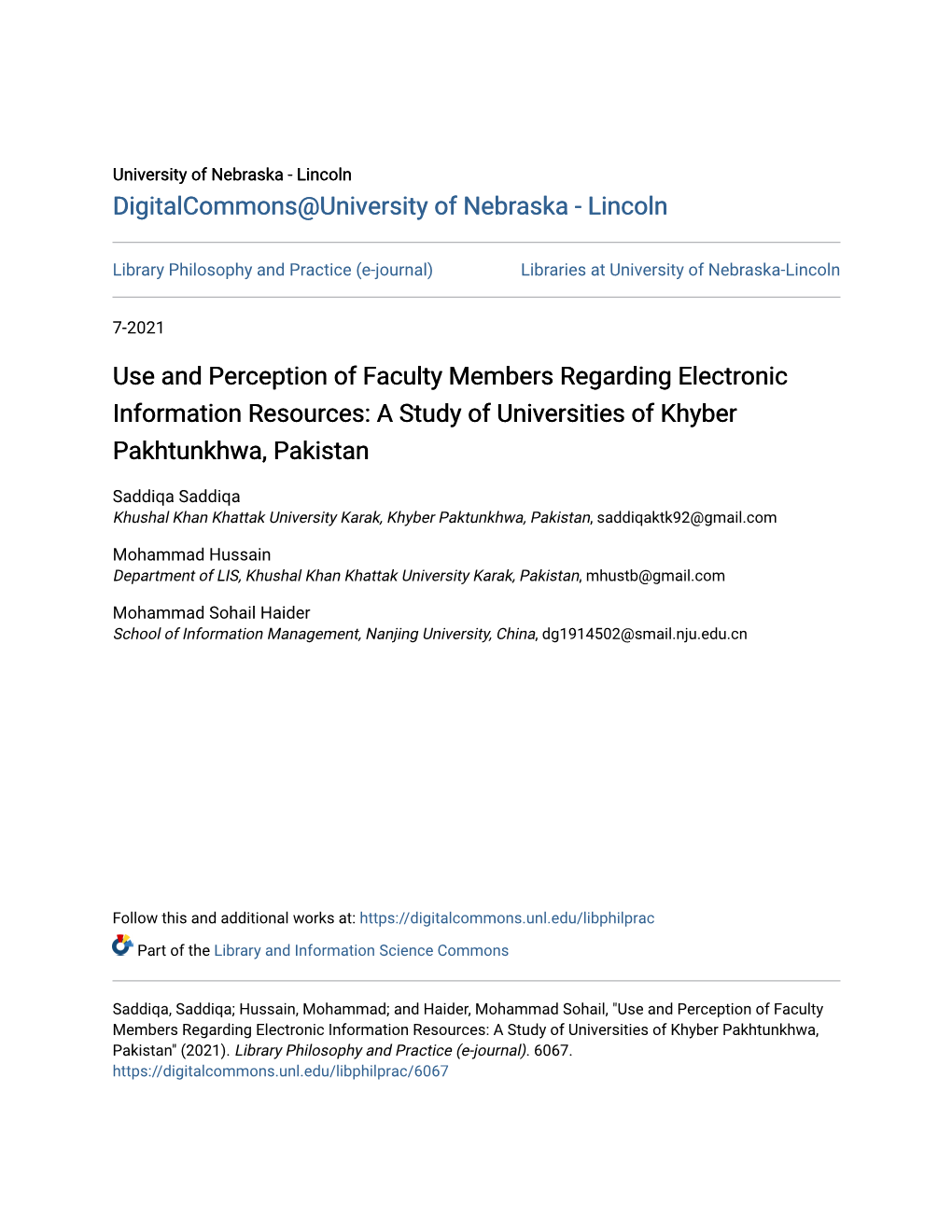 Use and Perception of Faculty Members Regarding Electronic Information Resources: a Study of Universities of Khyber Pakhtunkhwa, Pakistan