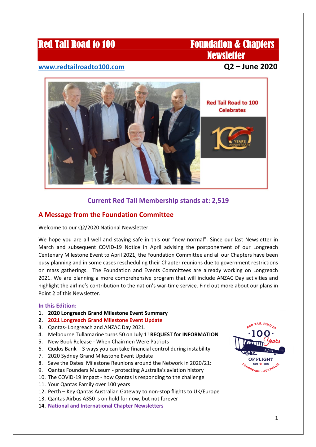 Red Tail Road to 100 Foundation & Chapters Newsletter