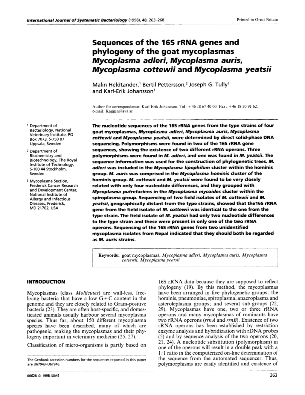 Phylogeny of the Goat Mycoplasmas Mycoplasma Adleri, Mycoplasma Auris, Mycoplasma Cottewii and Mycoplasma Yeatsii