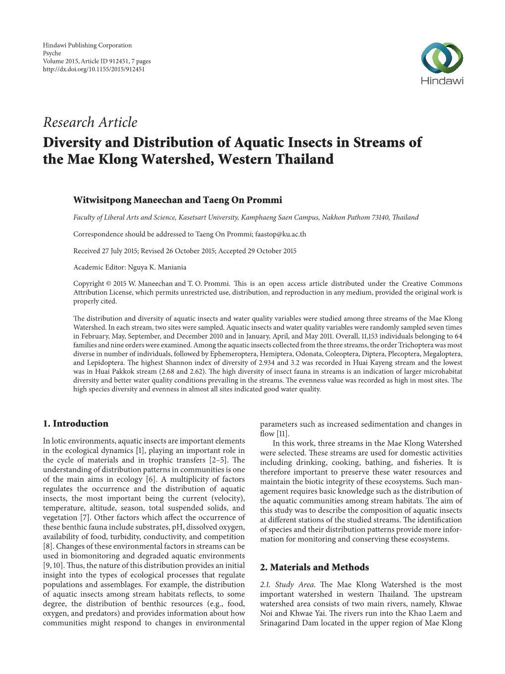 Diversity and Distribution of Aquatic Insects in Streams of the Mae Klong Watershed, Western Thailand