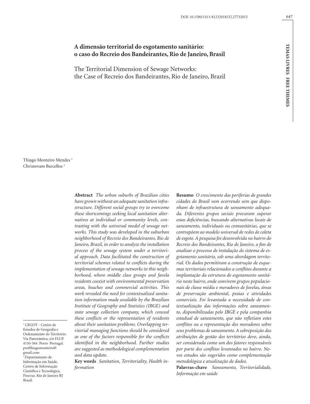 The Territorial Dimension of Sewage Networks: the Case of Recreio Dos