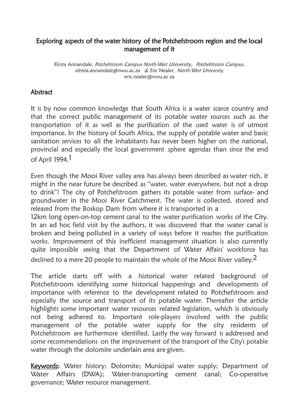 Exploring Aspects of the Water History of the Potchefstroom Region and the Local Management of It