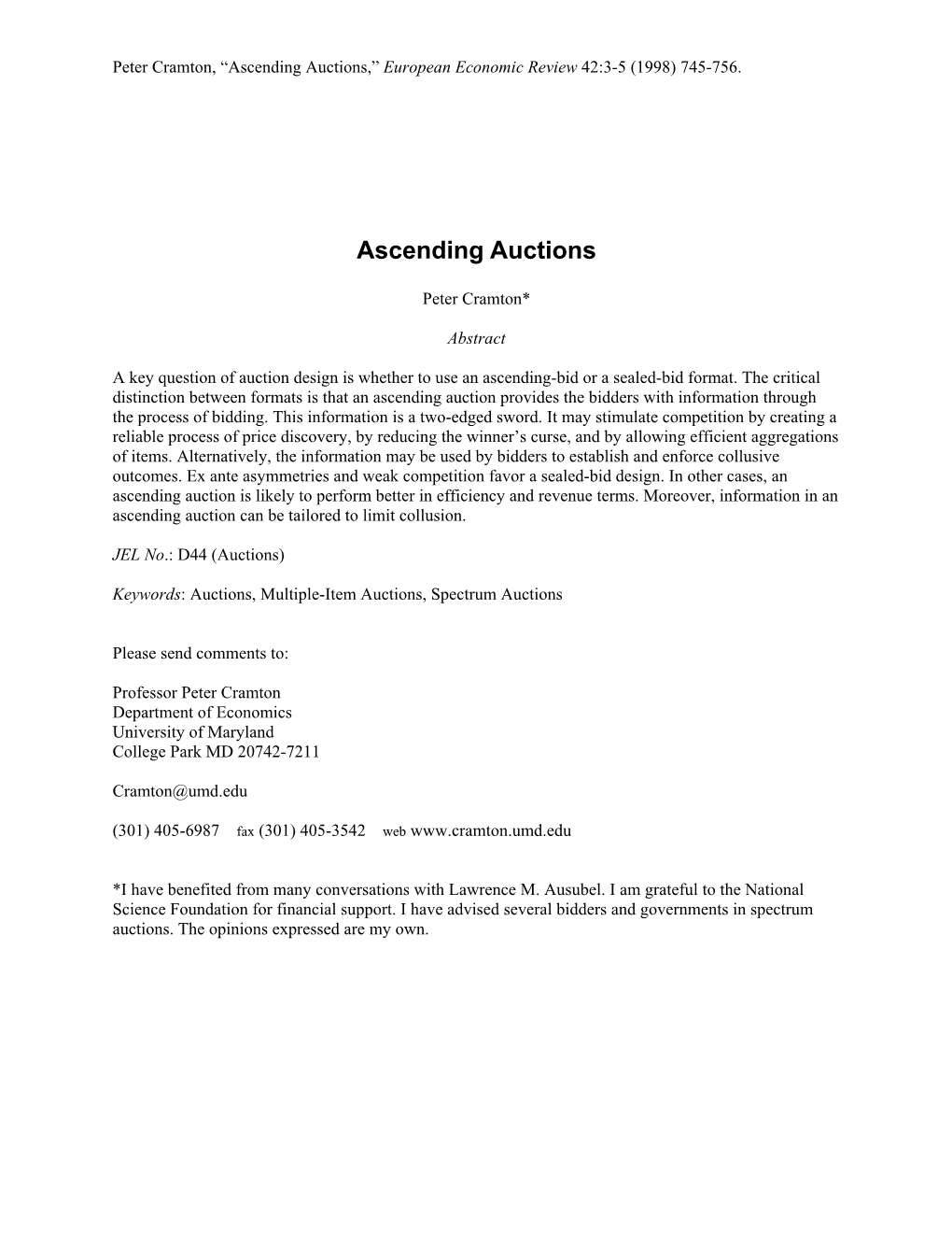 Ascending Auctions,” European Economic Review 42:3-5 (1998) 745-756