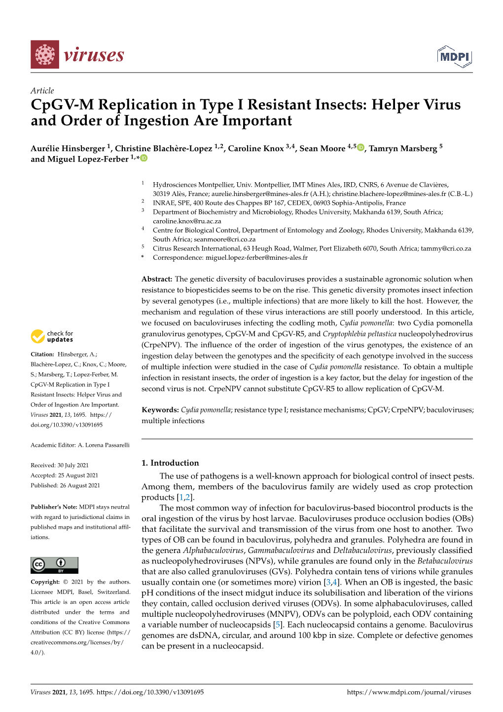 Cpgv-M Replication in Type I Resistant Insects: Helper Virus and Order of Ingestion Are Important