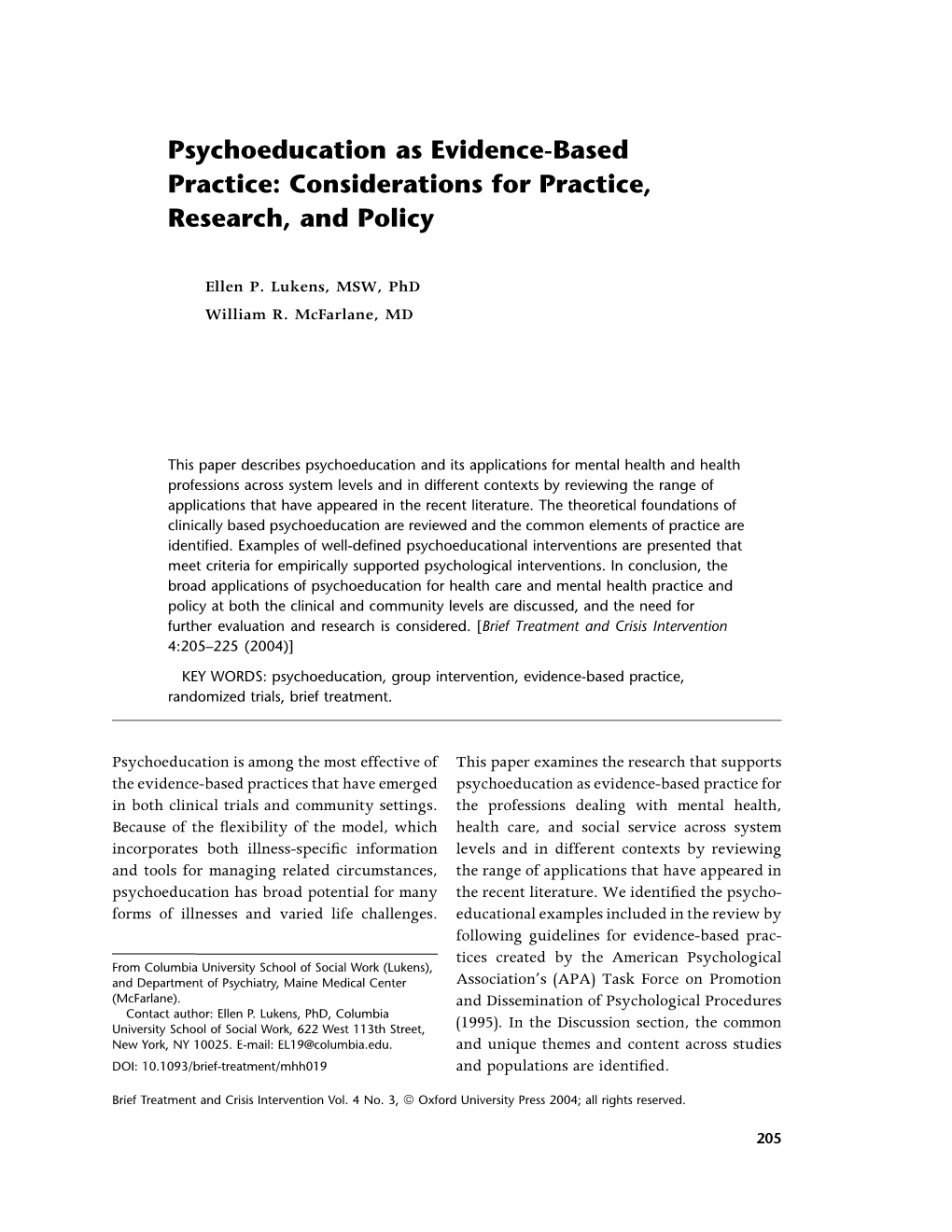 Psychoeducation As Evidence-Based Practice: Considerations for Practice, Research, and Policy