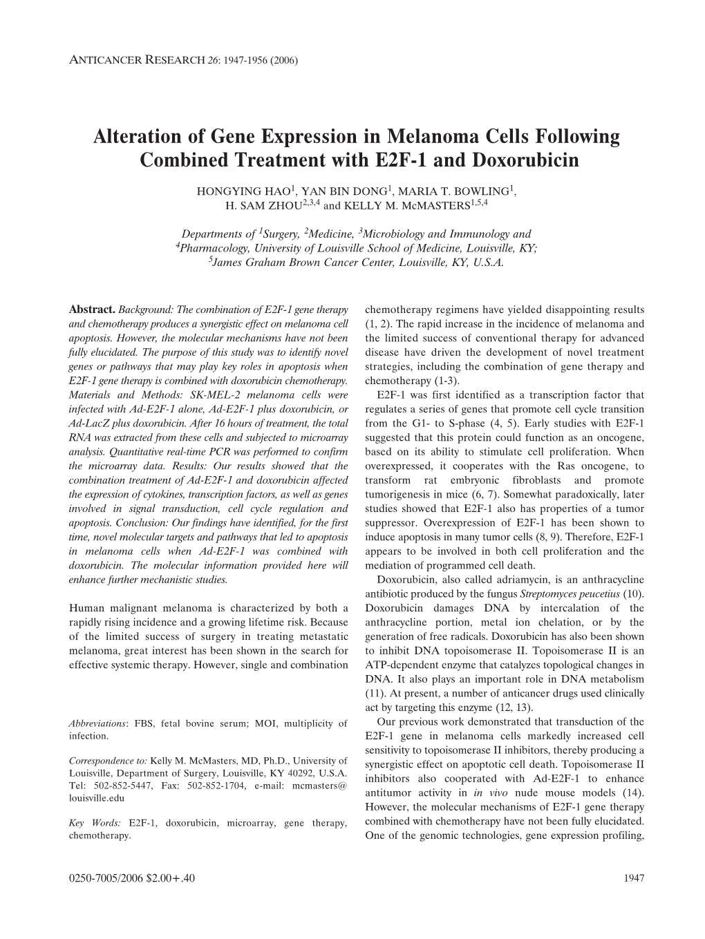 Alteration of Gene Expression in Melanoma Cells Following Combined Treatment with E2F-1 and Doxorubicin