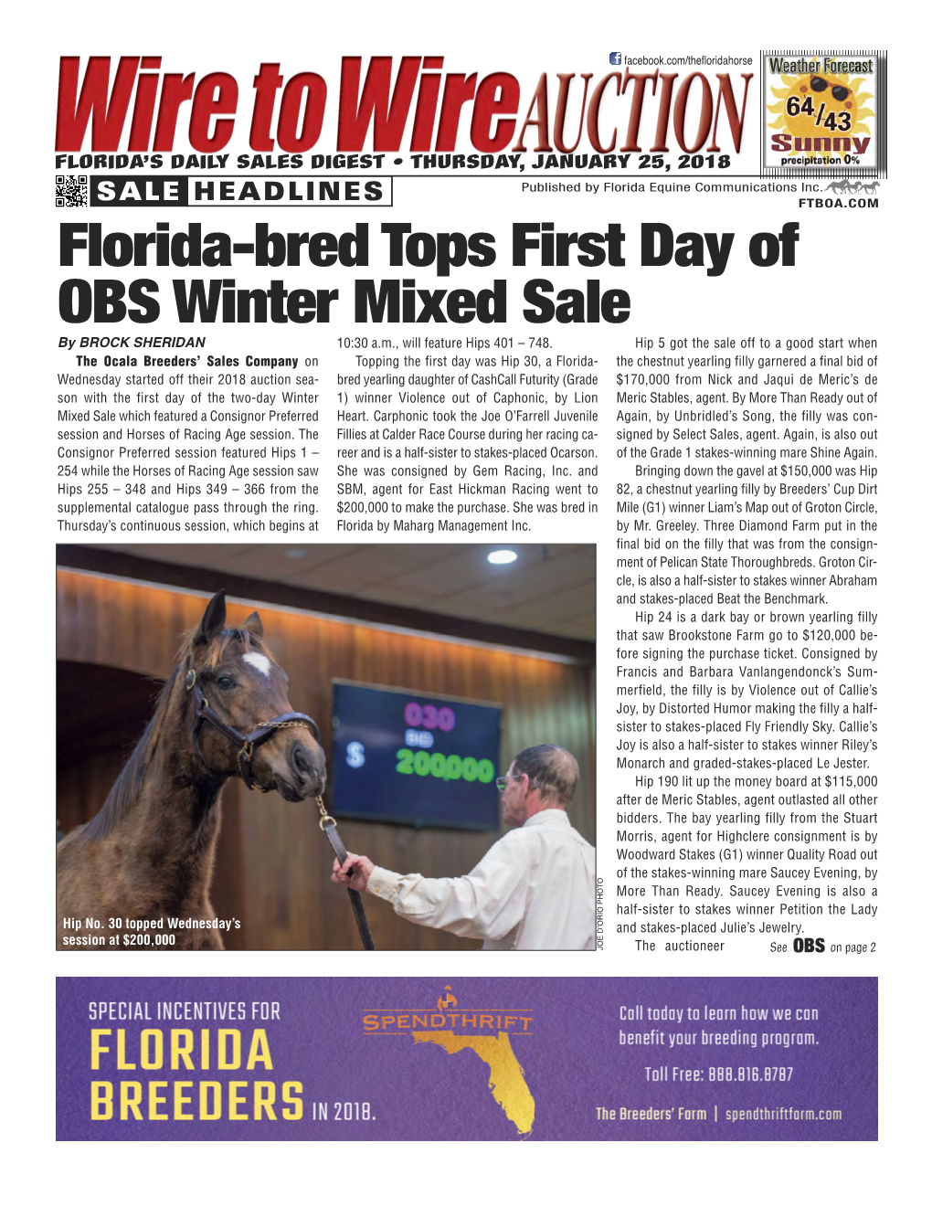 Florida-Bred Tops First Day of OBS Winter Mixed Sale 10:30 A.M., Will Feature Hips 401 – 748
