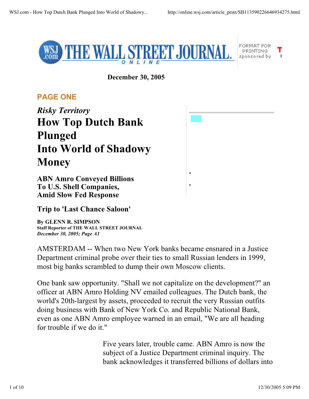 How Top Dutch Bank Plunged Into World of Shadowy Money • ABN Amro Conveyed Billions to U.S