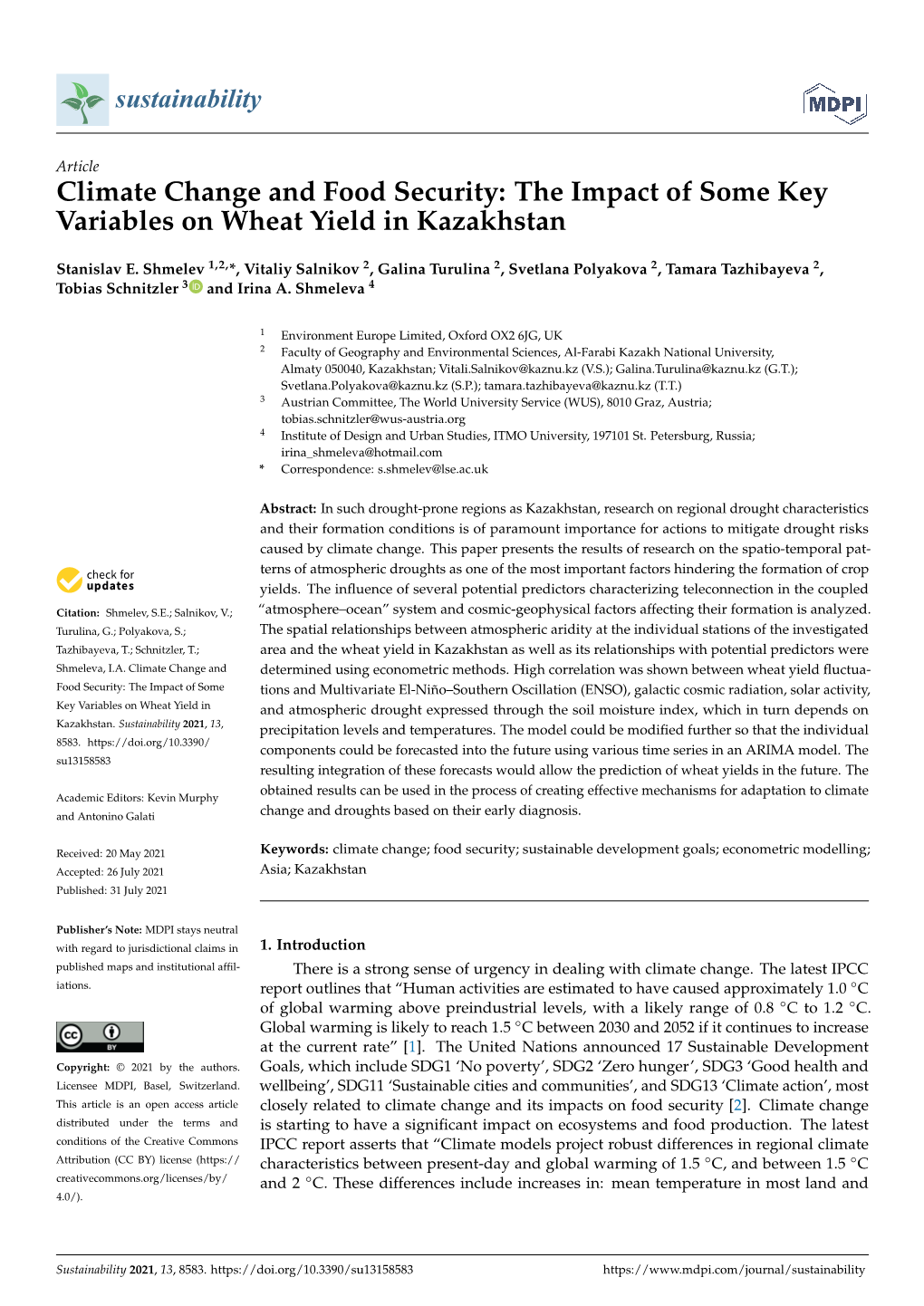 The Impact of Some Key Variables on Wheat Yield in Kazakhstan