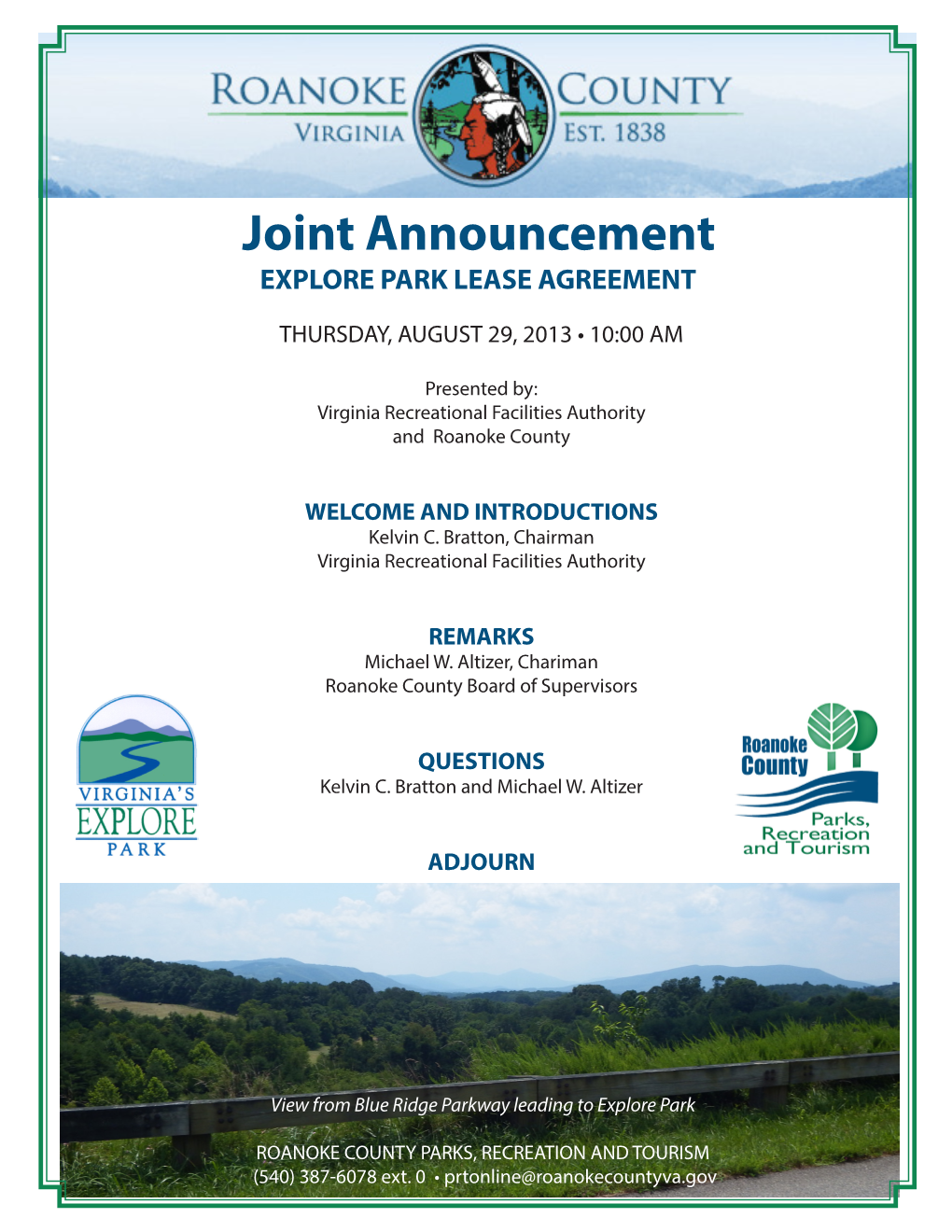 Joint Announcement EXPLORE PARK LEASE AGREEMENT