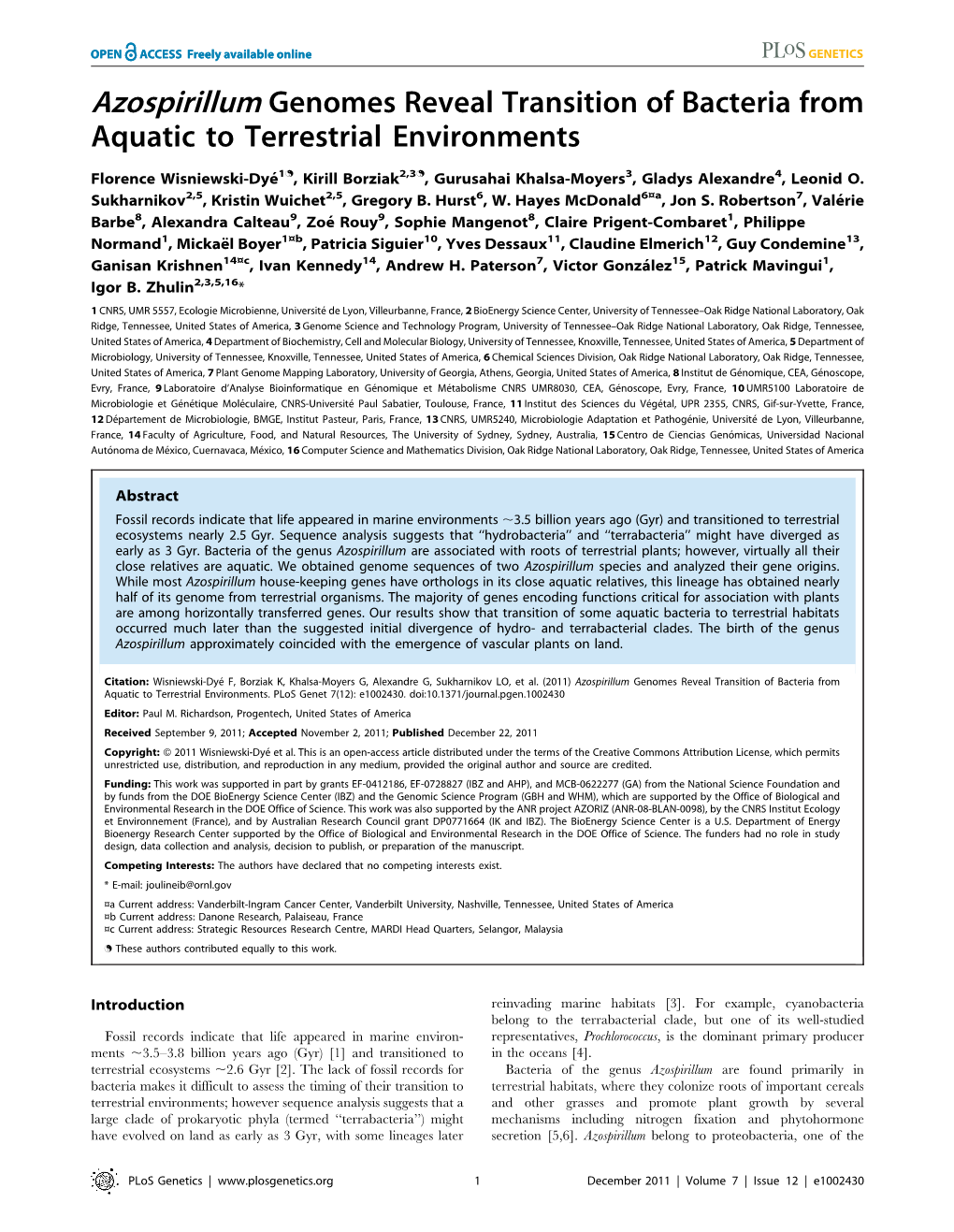 Azospirillum Genomes Reveal Transition of Bacteria from Aquatic to Terrestrial Environments