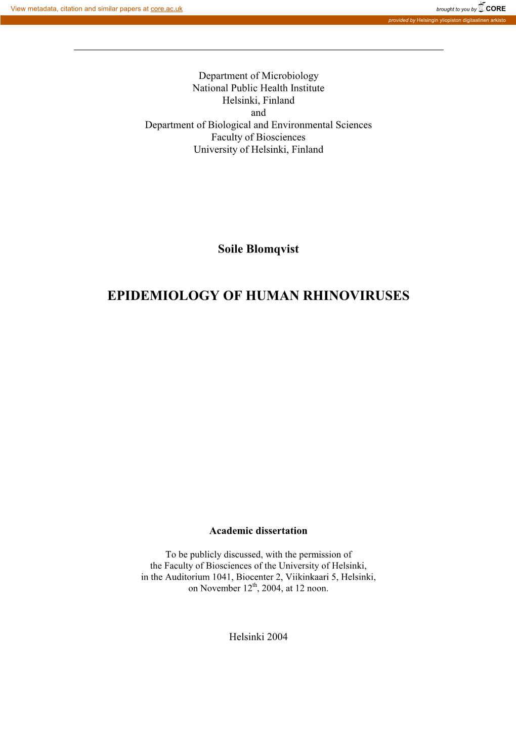 Epidemiology of Human Rhinoviruses