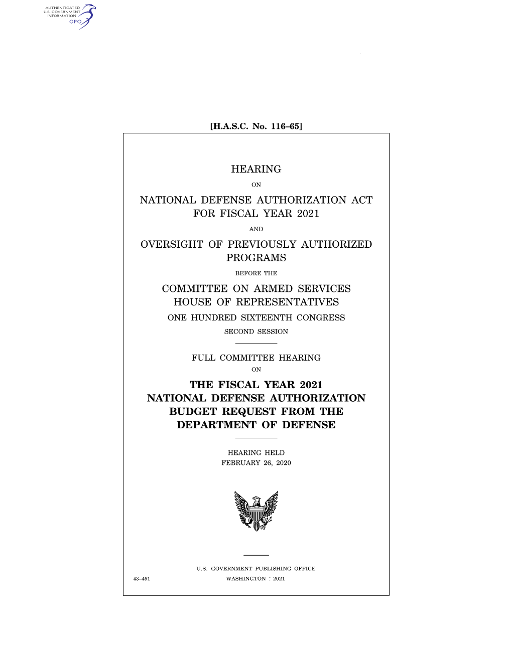 National Defense Authorization Act for Fiscal Year 2021