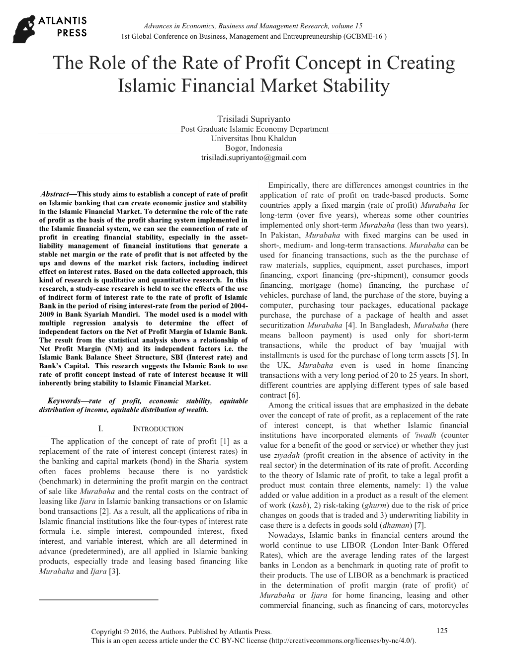 The Role of the Rate of Profit Concept in Creating Islamic Financial Market Stability