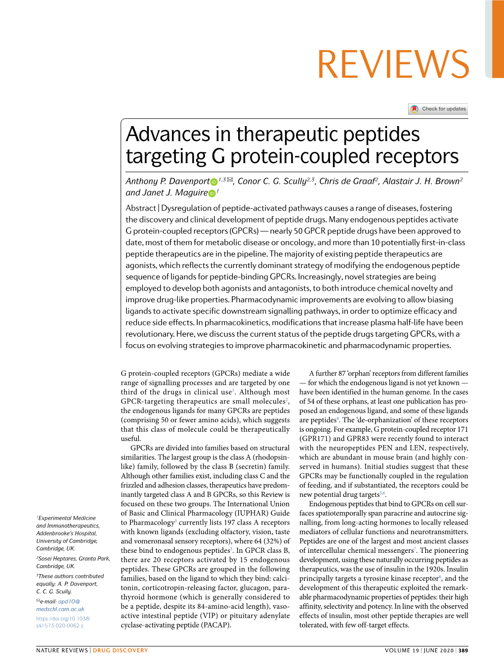 Advances in Therapeutic Peptides Targeting G Protein-Coupled Receptors