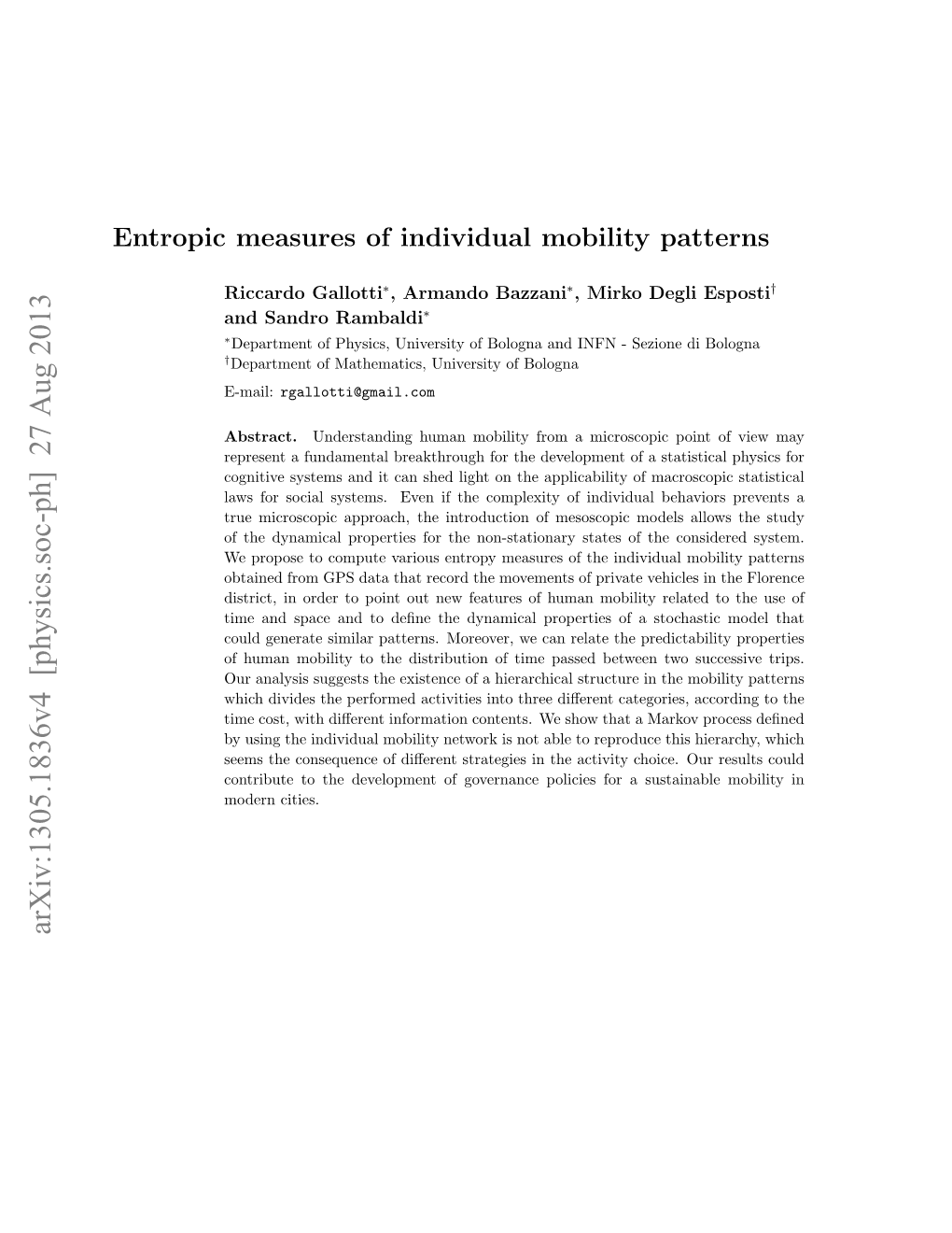 Entropic Measures of Individual Mobility Patterns