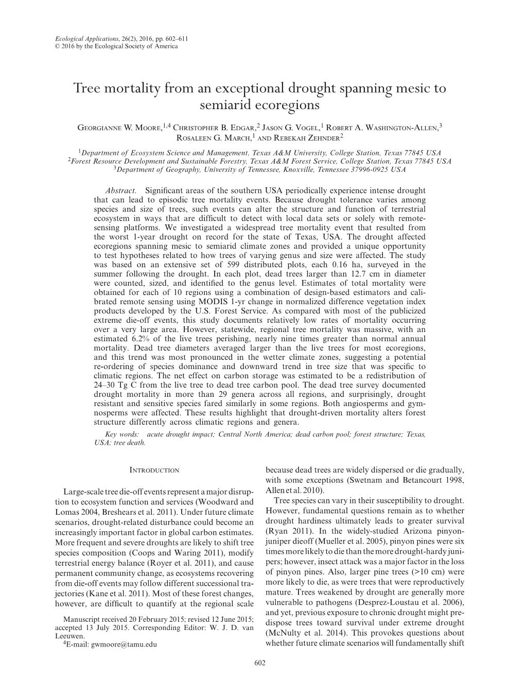 Tree Mortality from an Exceptional Drought Spanning Mesic to Semiarid