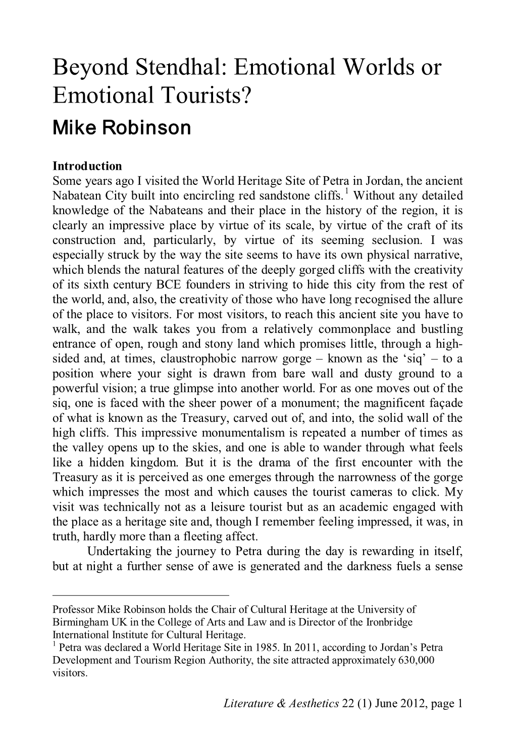 Beyond Stendhal: Emotional Worlds Or Emotional Tourists? Mike Robinson