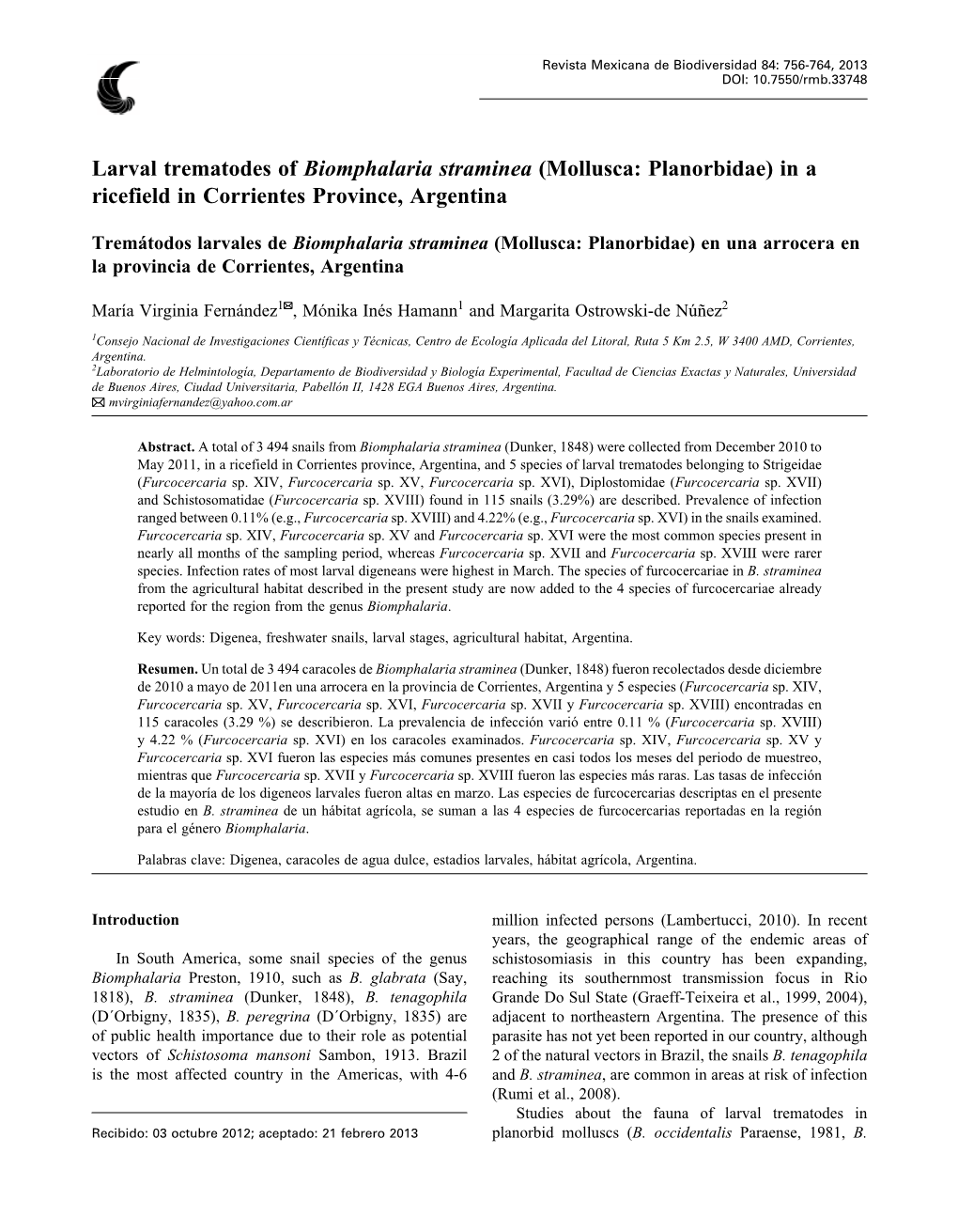 Larval Trematodes of Biomphalaria Straminea (Mollusca: Planorbidae) in a Ricefield in Corrientes Province, Argentina