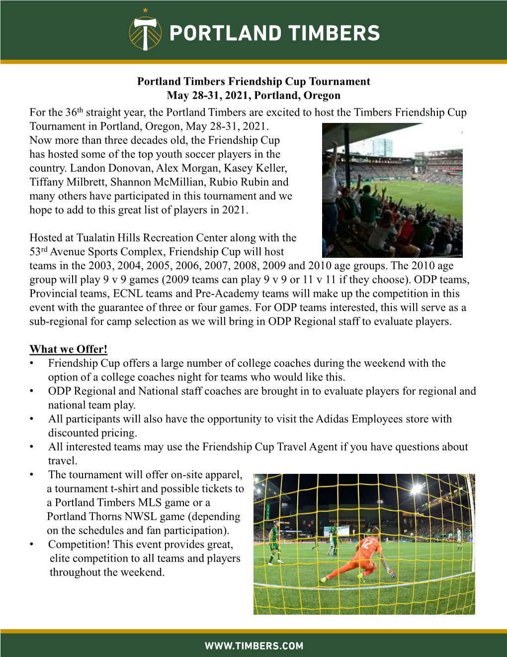 Portland Timbers Friendship Cup Tournament May 28-31, 2021