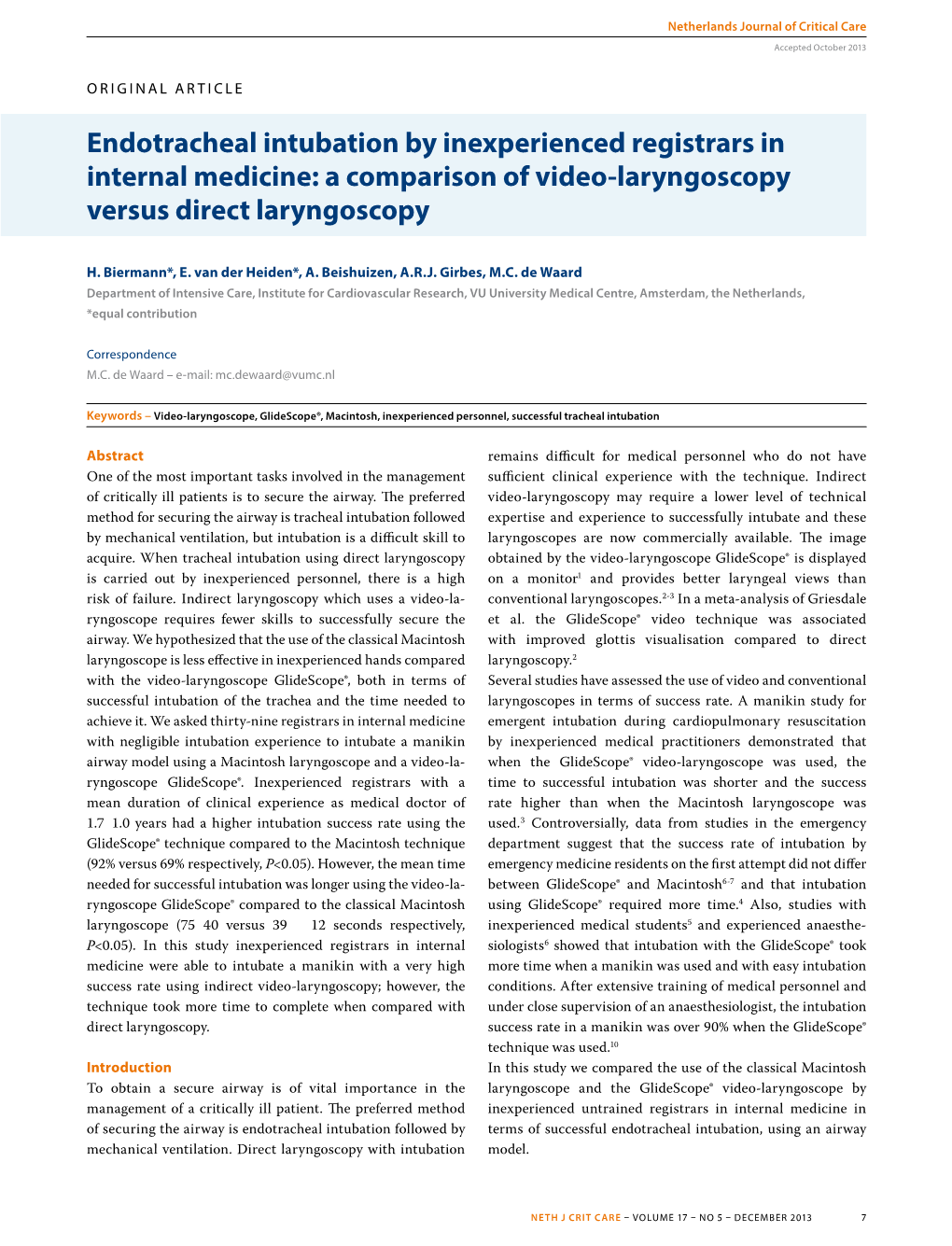 Endotracheal Intubation by Inexperienced Registrars in Internal Medicine: a Comparison of Video-Laryngoscopy Versus Direct Laryngoscopy