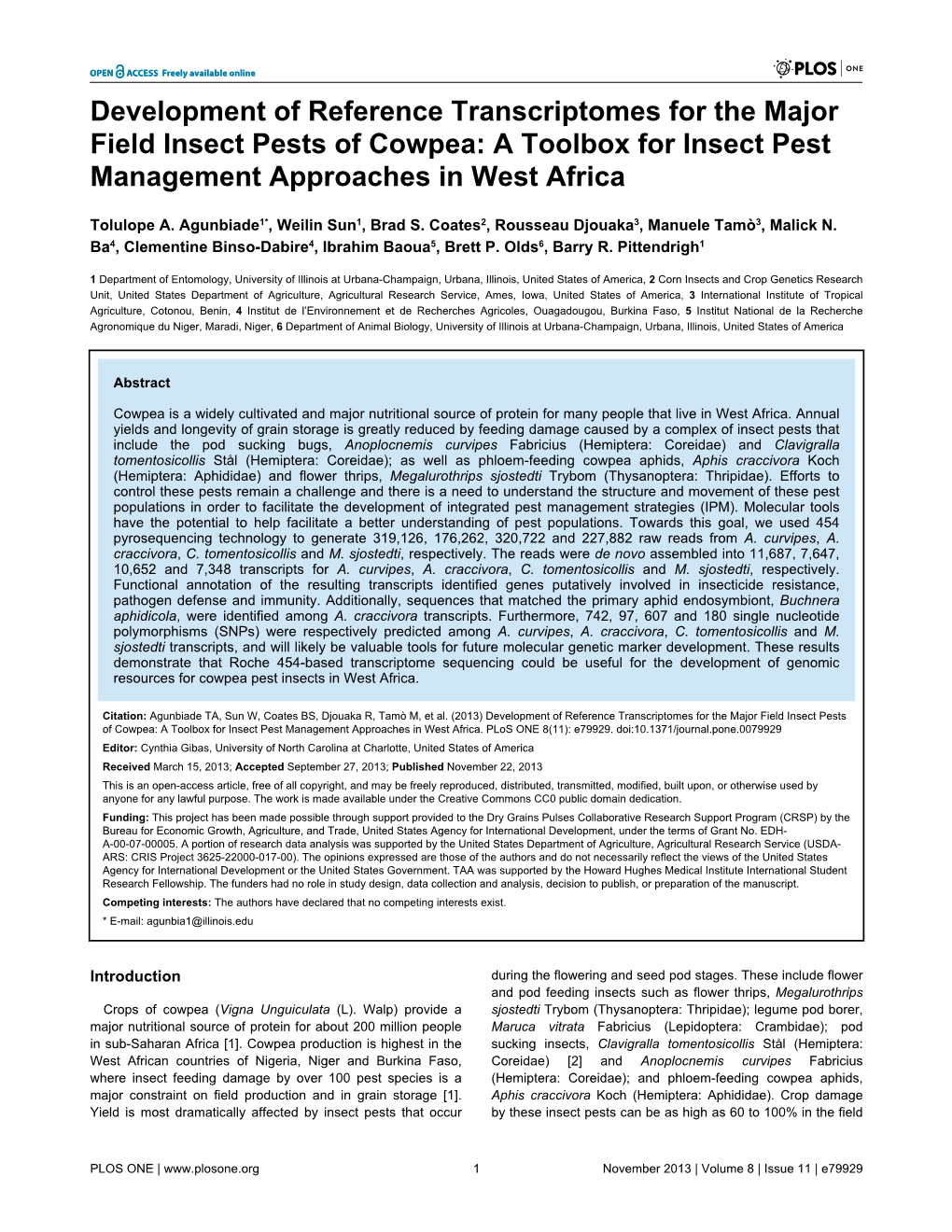 Development of Reference Transcriptomes for the Major Field Insect Pests of Cowpea: a Toolbox for Insect Pest Management Approaches in West Africa
