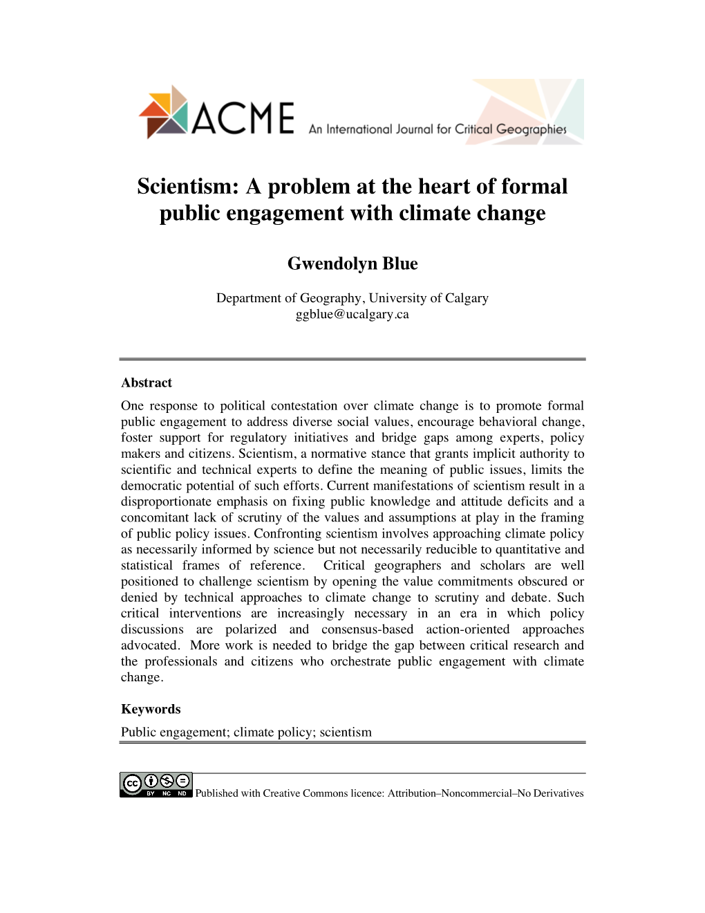 Scientism: a Problem at the Heart of Formal Public Engagement with Climate Change