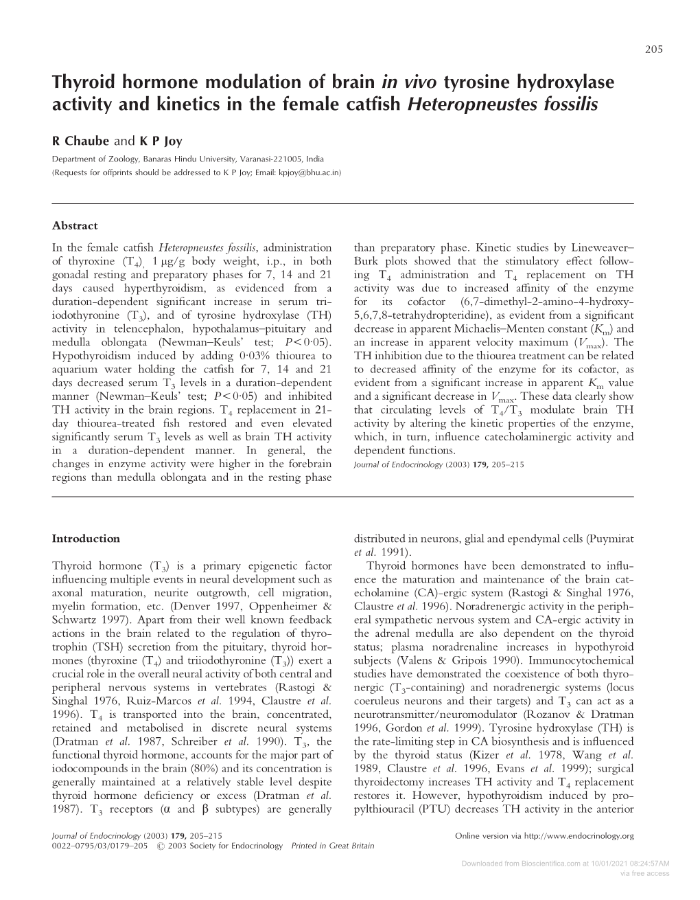 Thyroid Hormone Modulation of Brain in Vivo Tyrosine Hydroxylase Activity and Kinetics in the Female Catfish Heteropneustes Foss